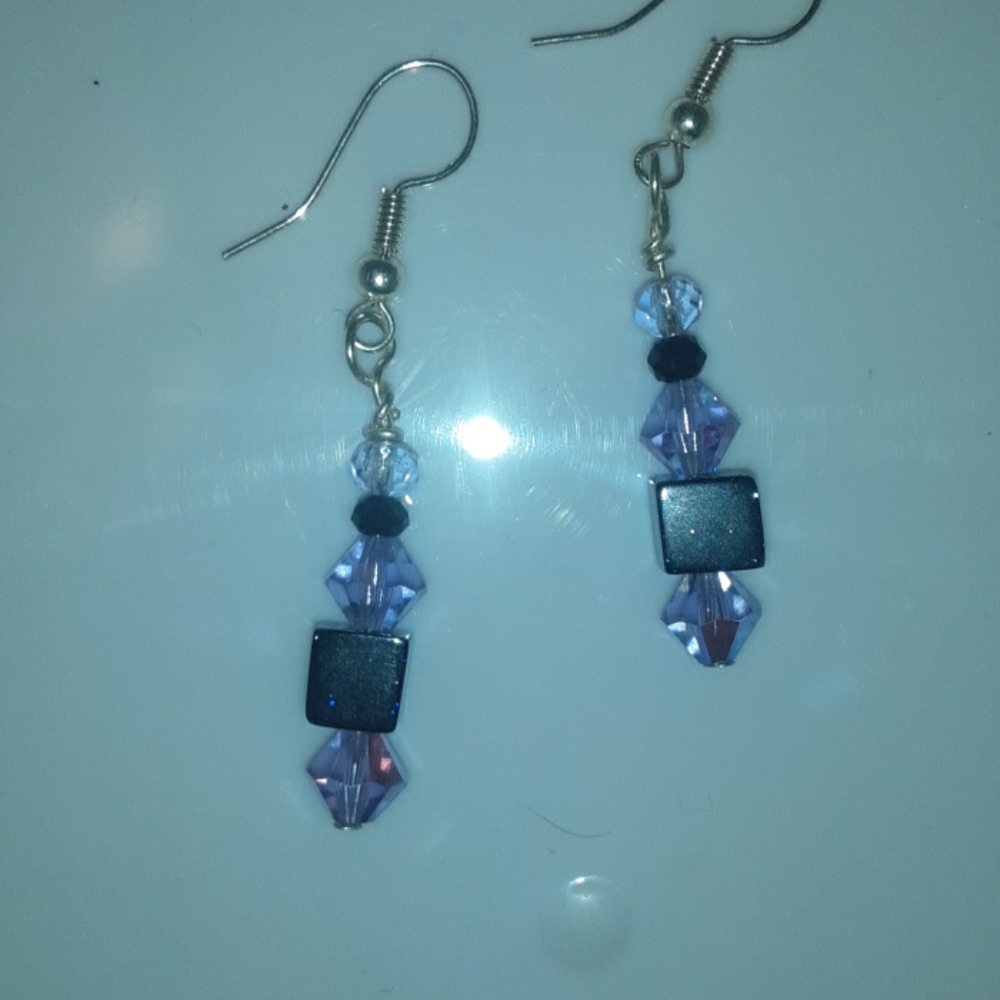 Purple Swarovski crystal and black sparkly cube ea